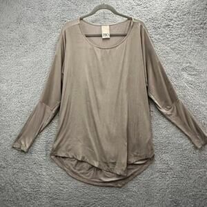 PBO‎ Women's XL Silky Champaign Long Sleeve Blouse Asymmetrical Bottom Flowy
